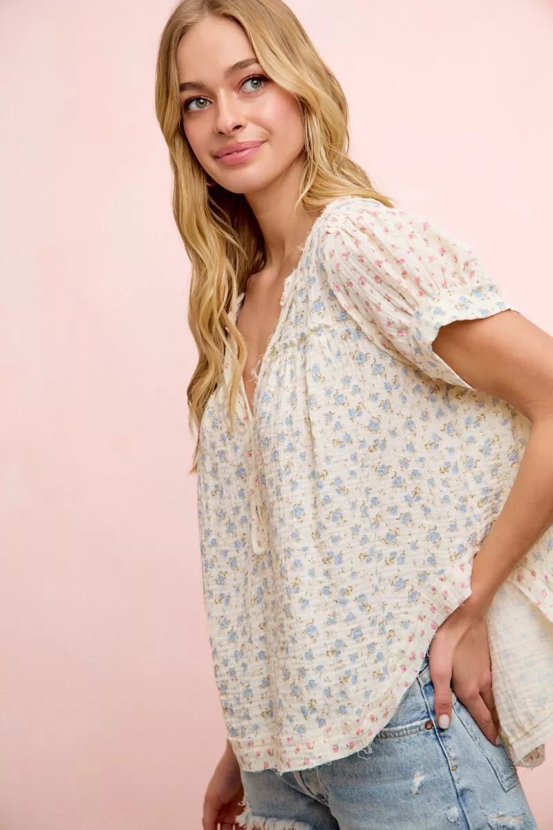BiBi Floral Crinkle Neckdrop Short Sleeve Blouse Top - Bitsy Gypsy Boutique