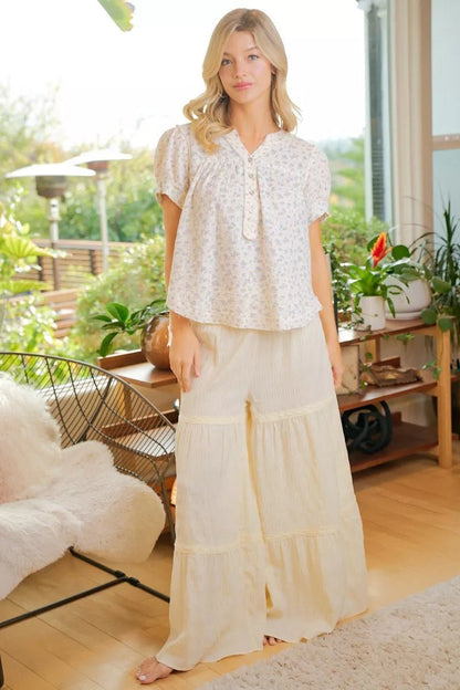 BiBi Floral Crinkle Neckdrop Short Sleeve Blouse Top - Bitsy Gypsy Boutique