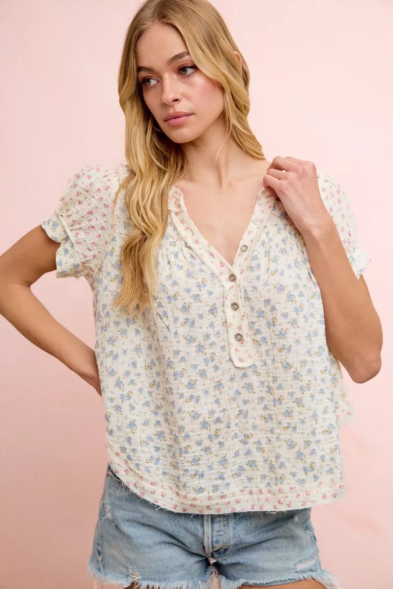 BiBi Floral Crinkle Neckdrop Short Sleeve Blouse Top - Bitsy Gypsy Boutique