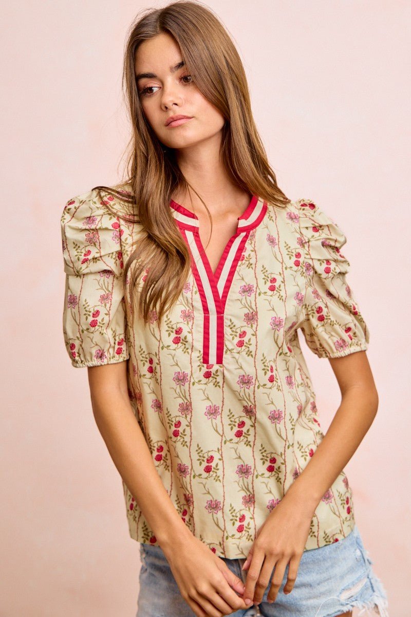 BiBi Floral Gather Sleeves Contrast Neckband Blouse Top - Bitsy Gypsy Boutique