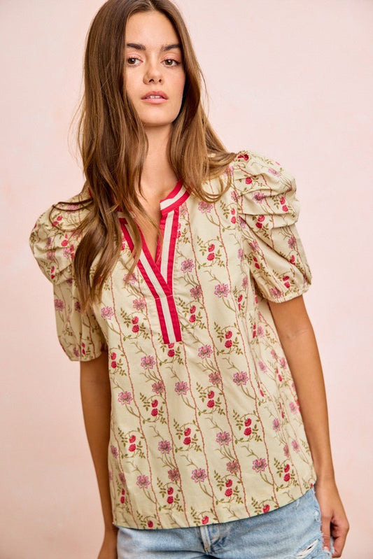 BiBi Floral Gather Sleeves Contrast Neckband Blouse Top - Bitsy Gypsy Boutique