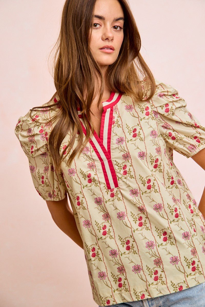 BiBi Floral Gather Sleeves Contrast Neckband Blouse Top - Bitsy Gypsy Boutique