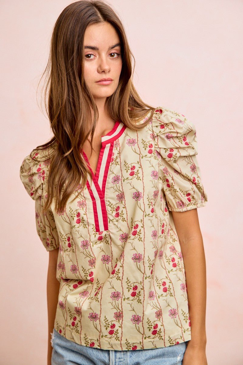 BiBi Floral Gather Sleeves Contrast Neckband Blouse Top - Bitsy Gypsy Boutique
