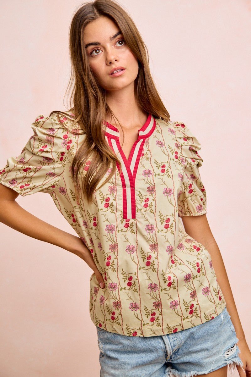BiBi Floral Gather Sleeves Contrast Neckband Blouse Top - Bitsy Gypsy Boutique
