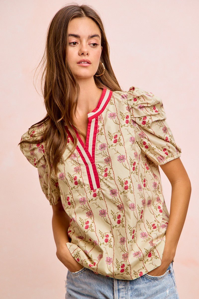 BiBi Floral Gather Sleeves Contrast Neckband Blouse Top - Bitsy Gypsy Boutique