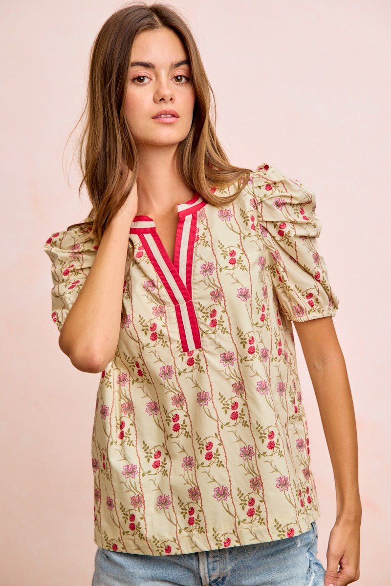 BiBi Floral Gather Sleeves Contrast Neckband Blouse Top - Bitsy Gypsy Boutique
