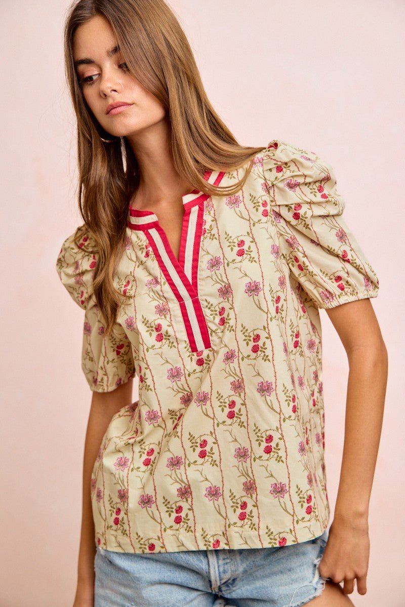 BiBi Floral Gather Sleeves Contrast Neckband Blouse Top - Bitsy Gypsy Boutique