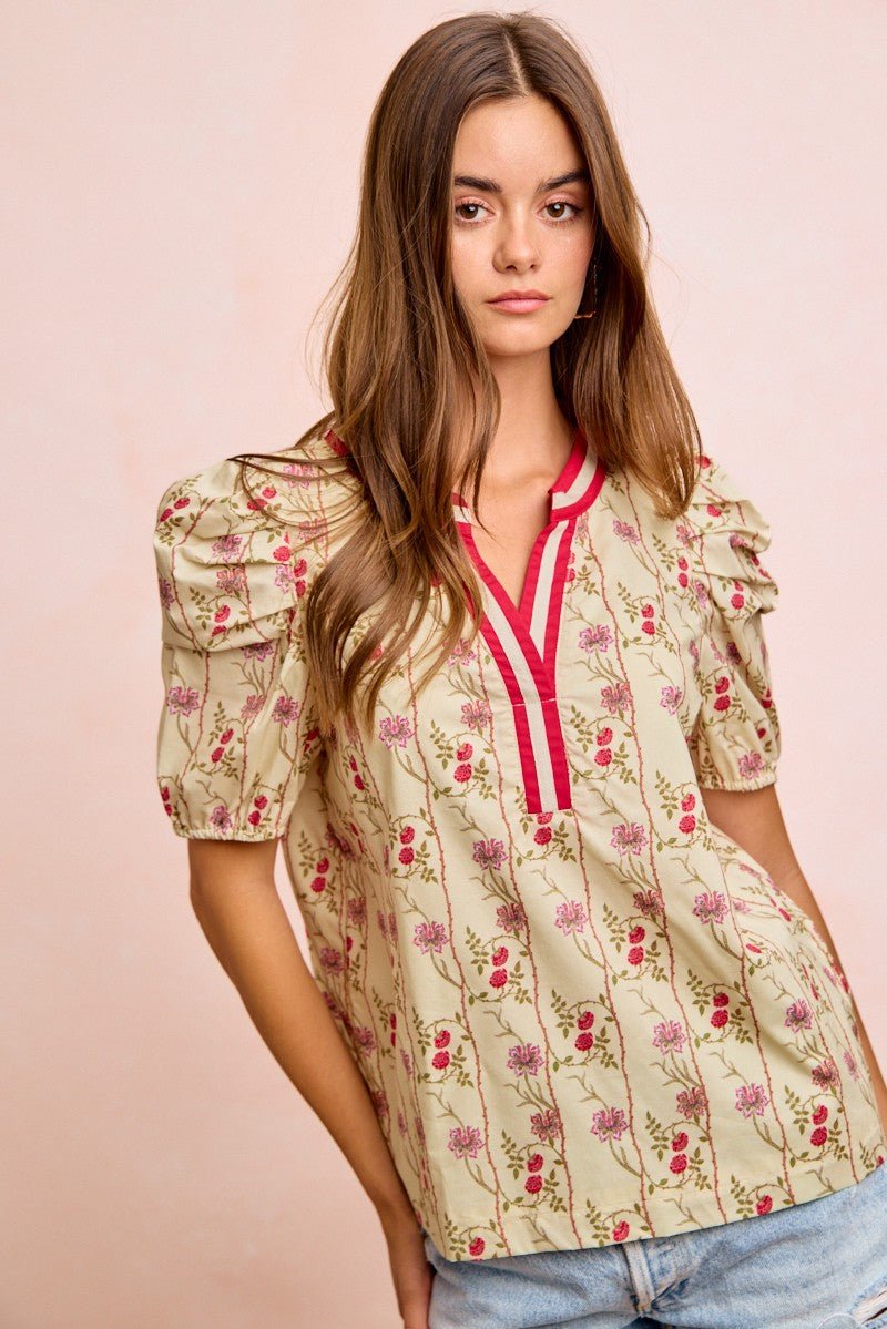 BiBi Floral Gather Sleeves Contrast Neckband Blouse Top - Bitsy Gypsy Boutique