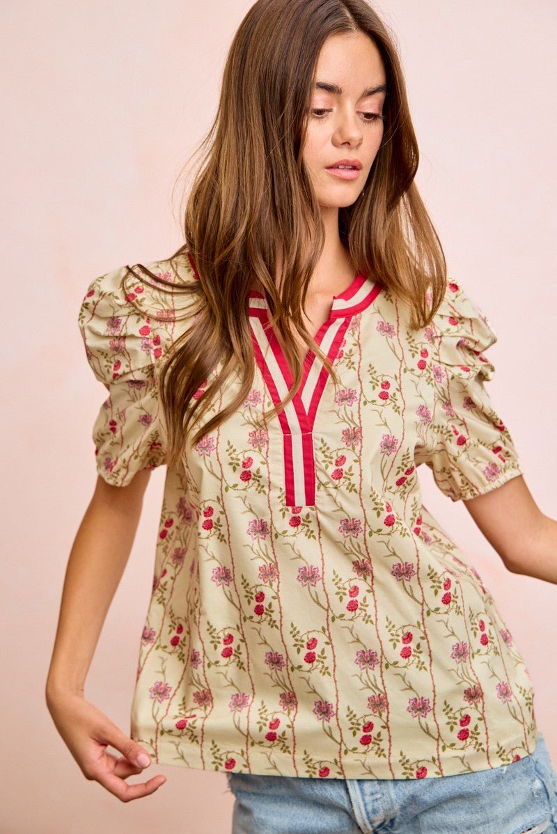 BiBi Floral Gather Sleeves Contrast Neckband Blouse Top - Bitsy Gypsy Boutique