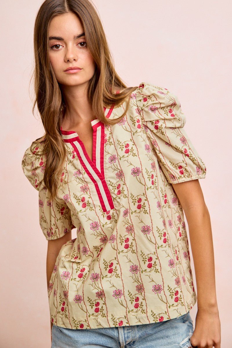 BiBi Floral Gather Sleeves Contrast Neckband Blouse Top - Bitsy Gypsy Boutique