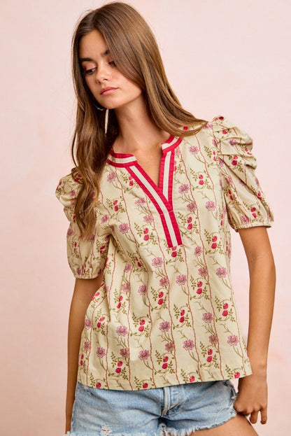 BiBi Floral Gather Sleeves Contrast Neckband Blouse Top - Bitsy Gypsy Boutique