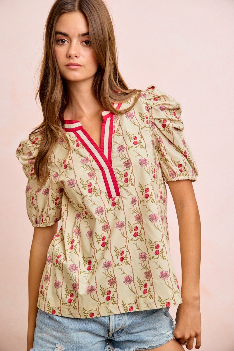 BiBi Floral Gather Sleeves Contrast Neckband Blouse Top - Bitsy Gypsy Boutique