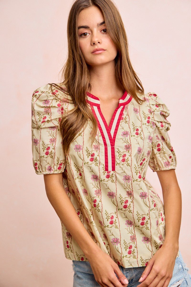 BiBi Floral Gather Sleeves Contrast Neckband Blouse Top - Bitsy Gypsy Boutique