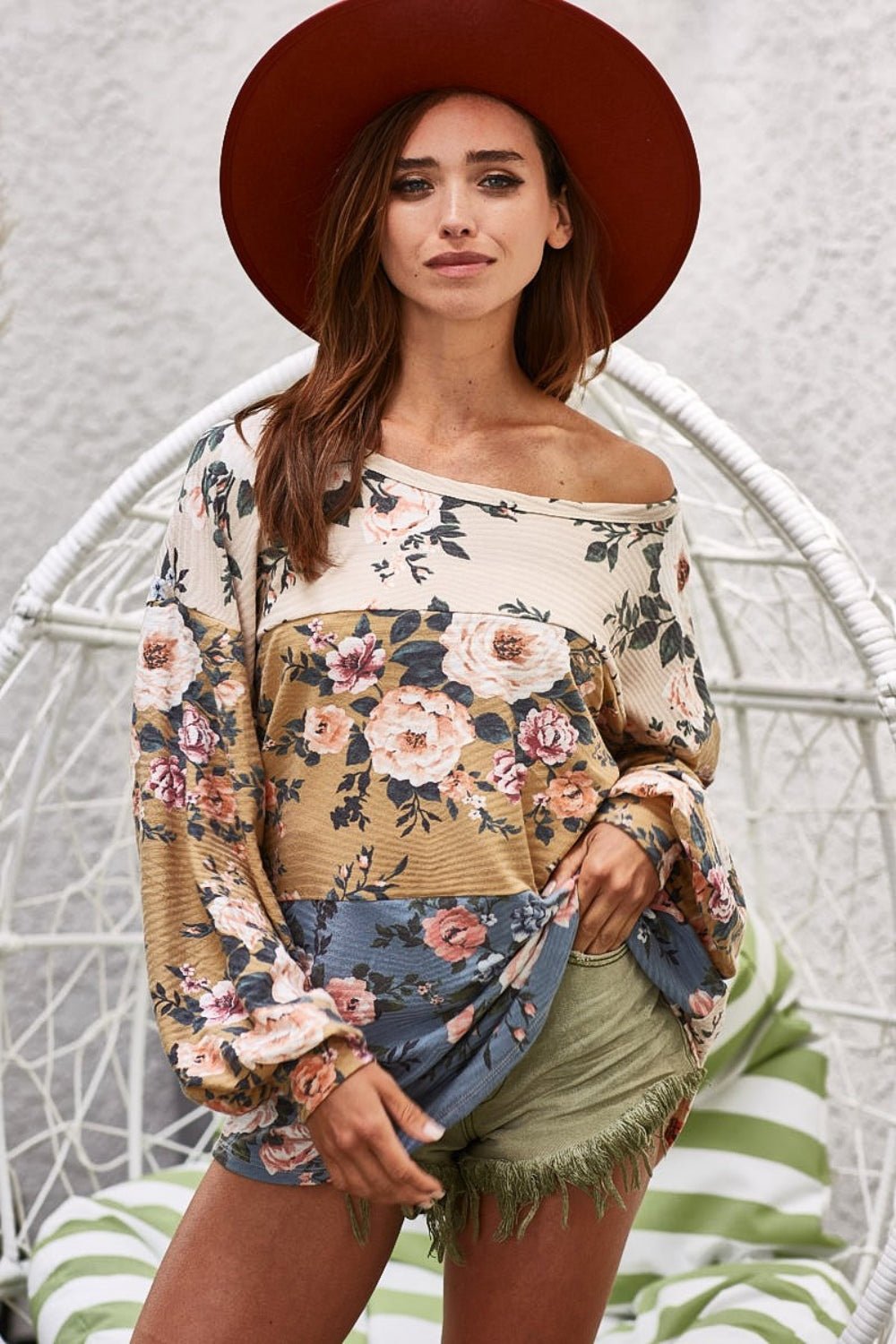 BiBi Floral Jacquard Color Block Top - Bitsy Gypsy Boutique