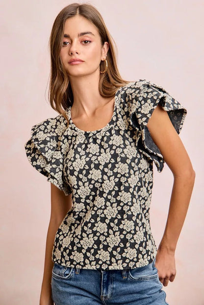 BiBi Floral Jacquard Ruffle Sleeves Knit Top - Bitsy Gypsy Boutique