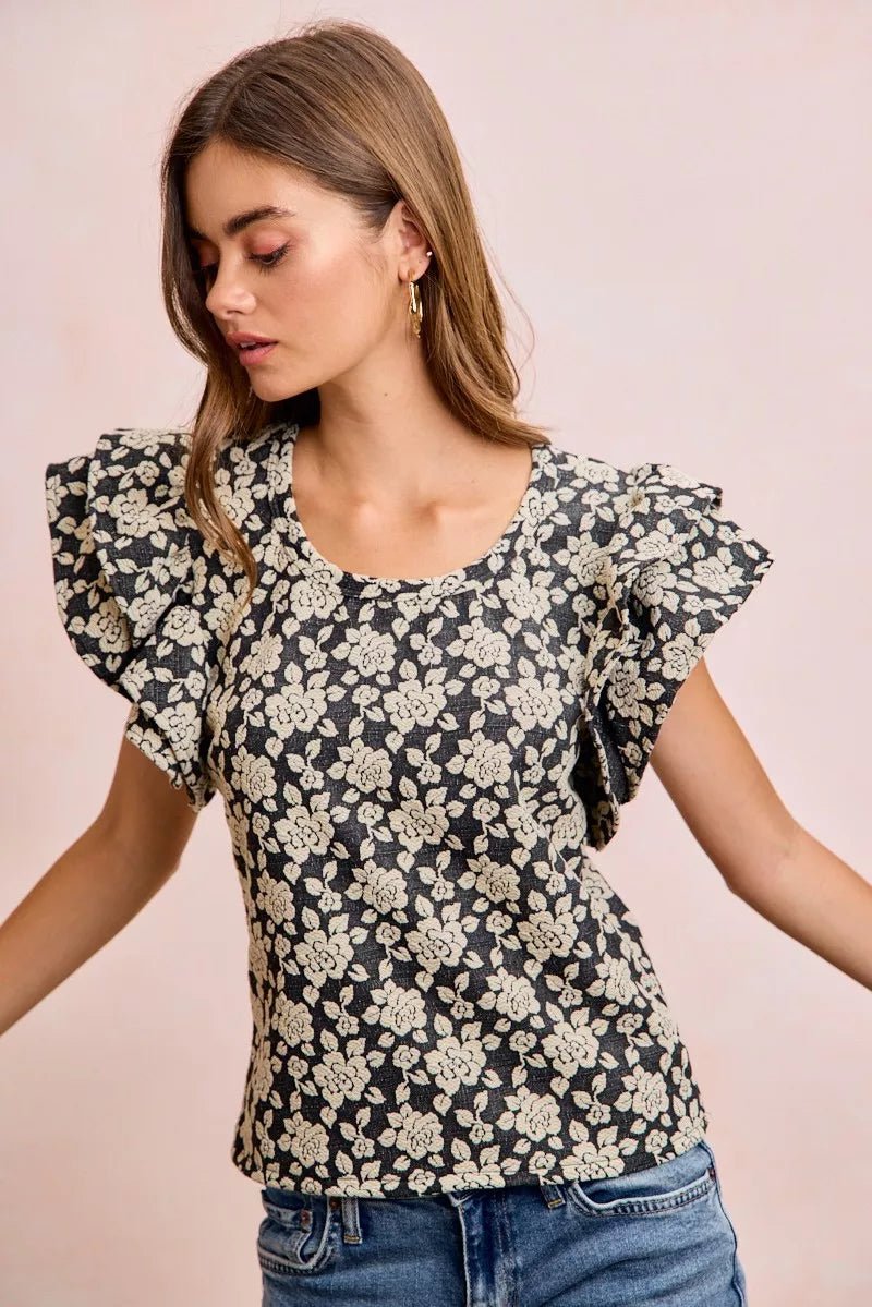 BiBi Floral Jacquard Ruffle Sleeves Knit Top - Bitsy Gypsy Boutique