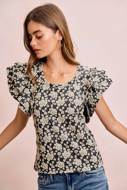 BiBi Floral Jacquard Ruffle Sleeves Knit Top - Bitsy Gypsy Boutique