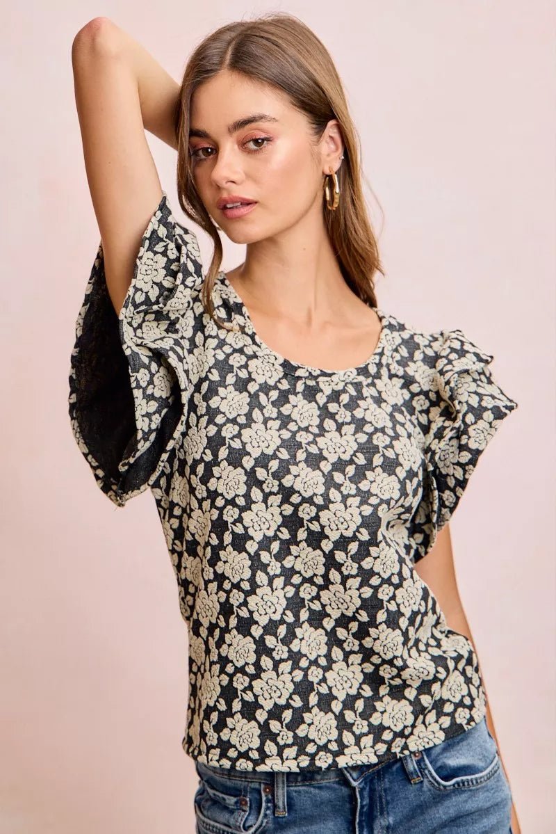 BiBi Floral Jacquard Ruffle Sleeves Knit Top - Bitsy Gypsy Boutique