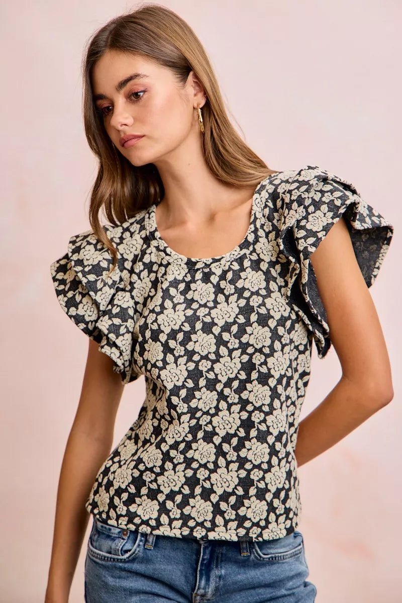 BiBi Floral Jacquard Ruffle Sleeves Knit Top - Bitsy Gypsy Boutique