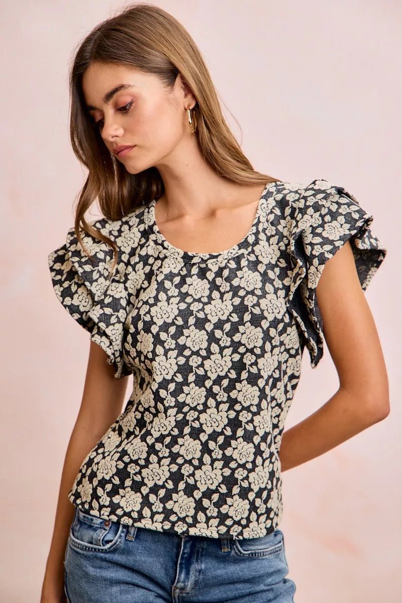 BiBi Floral Jacquard Ruffle Sleeves Knit Top - Bitsy Gypsy Boutique