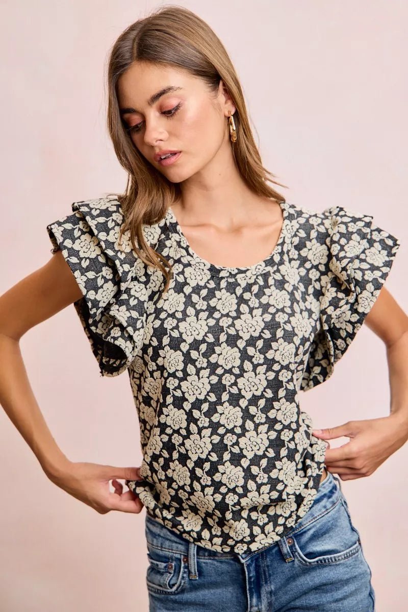 BiBi Floral Jacquard Ruffle Sleeves Knit Top - Bitsy Gypsy Boutique