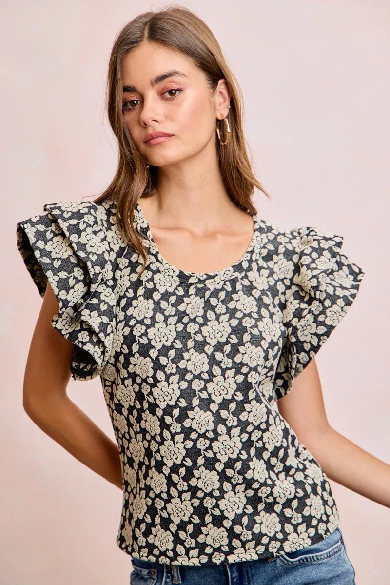 BiBi Floral Jacquard Ruffle Sleeves Knit Top - Bitsy Gypsy Boutique