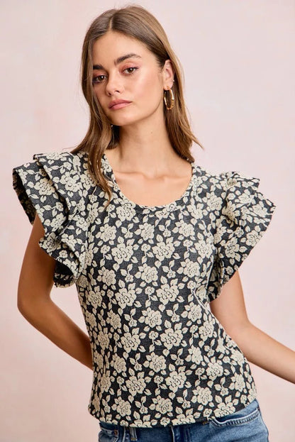 BiBi Floral Jacquard Ruffle Sleeves Knit Top - Bitsy Gypsy Boutique