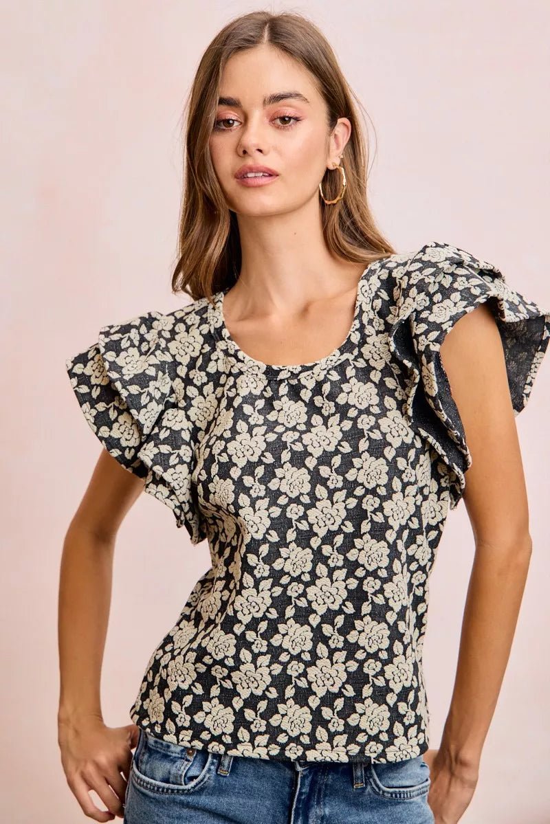 BiBi Floral Jacquard Ruffle Sleeves Knit Top - Bitsy Gypsy Boutique