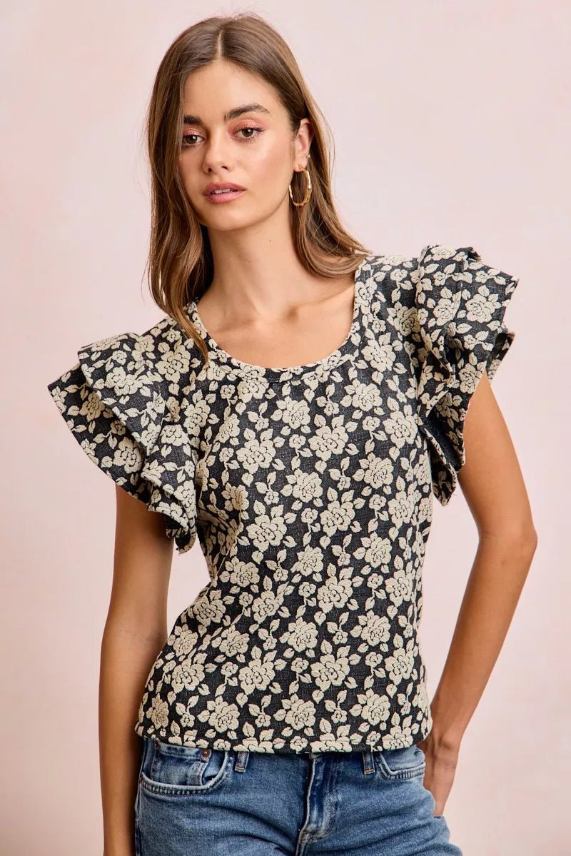 BiBi Floral Jacquard Ruffle Sleeves Knit Top - Bitsy Gypsy Boutique