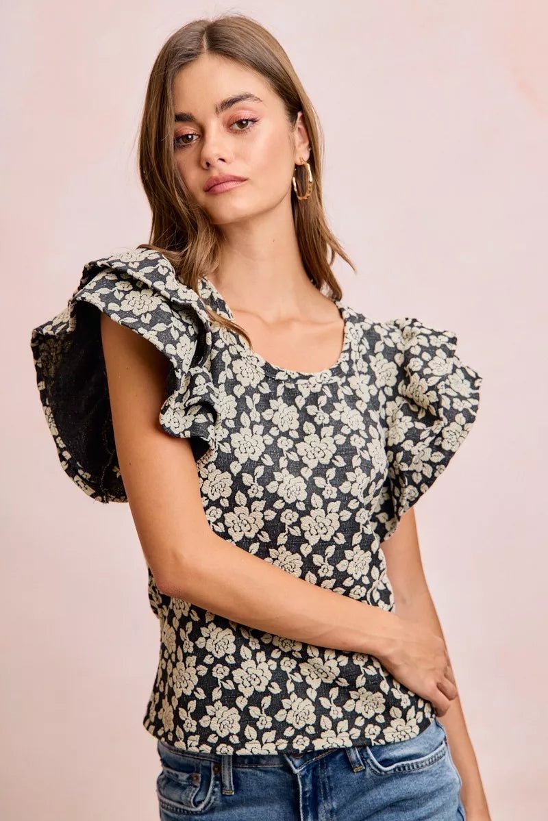 BiBi Floral Jacquard Ruffle Sleeves Knit Top - Bitsy Gypsy Boutique