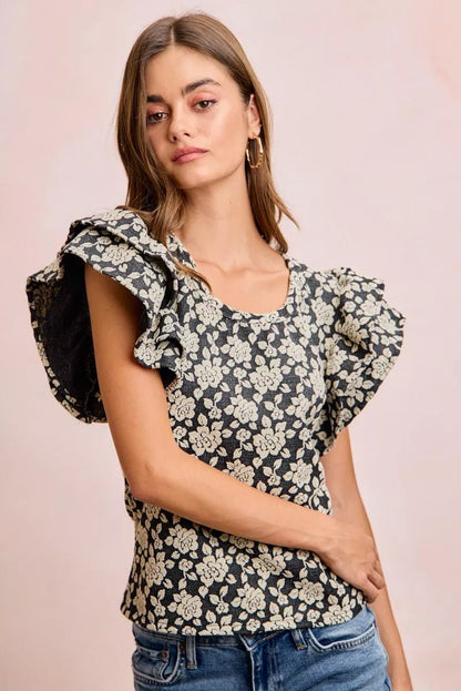 BiBi Floral Jacquard Ruffle Sleeves Knit Top - Bitsy Gypsy Boutique