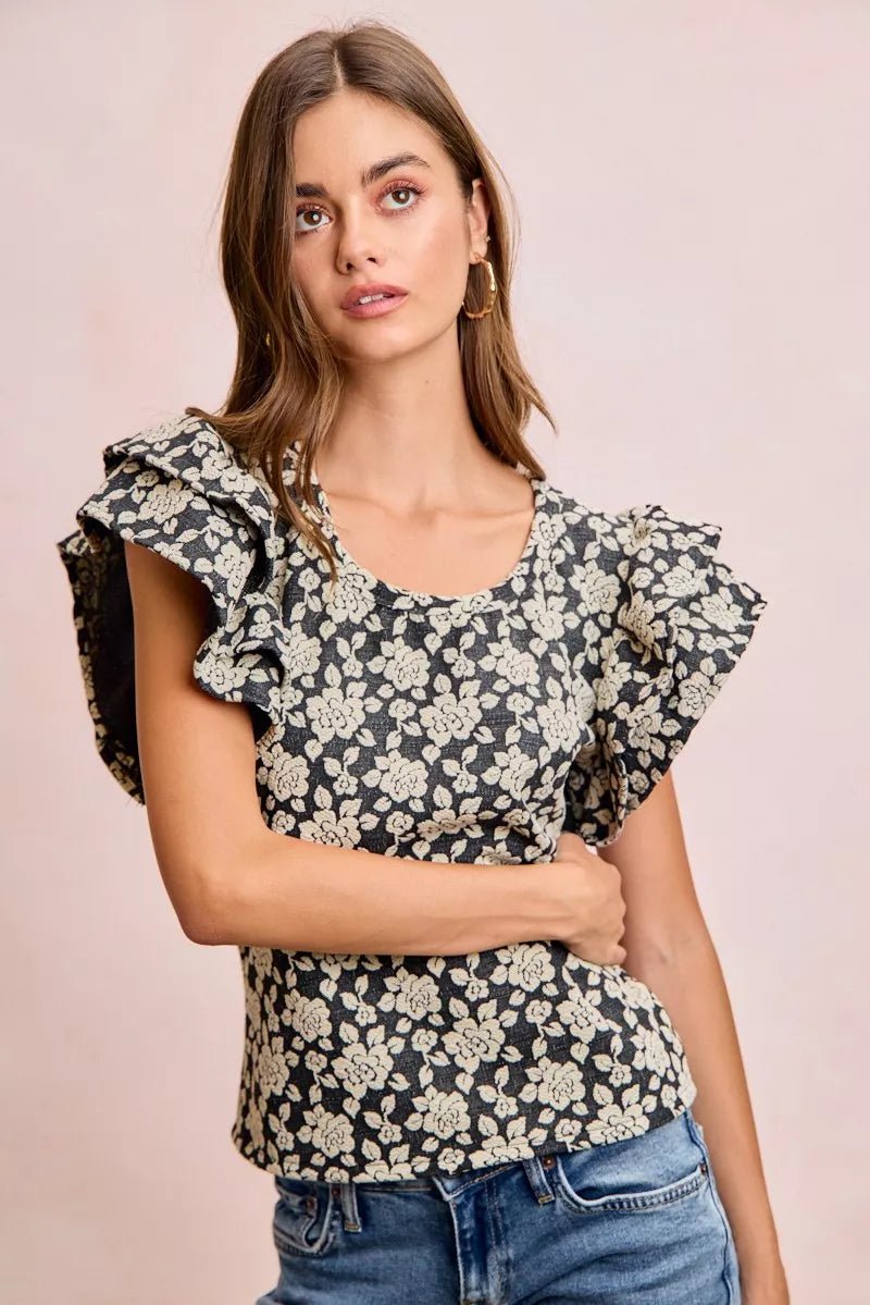 BiBi Floral Jacquard Ruffle Sleeves Knit Top - Bitsy Gypsy Boutique
