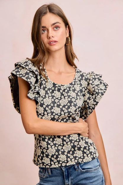 BiBi Floral Jacquard Ruffle Sleeves Knit Top - Bitsy Gypsy Boutique