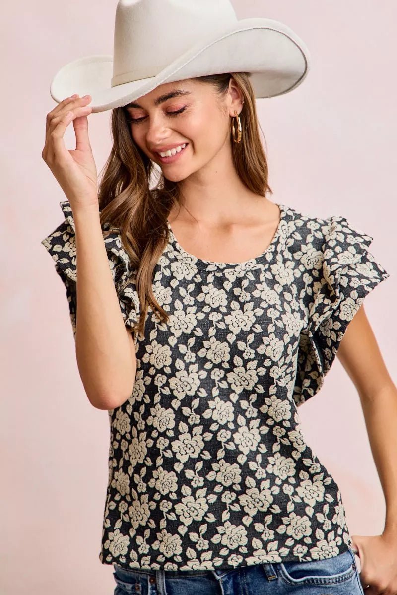 BiBi Floral Jacquard Ruffle Sleeves Knit Top - Bitsy Gypsy Boutique