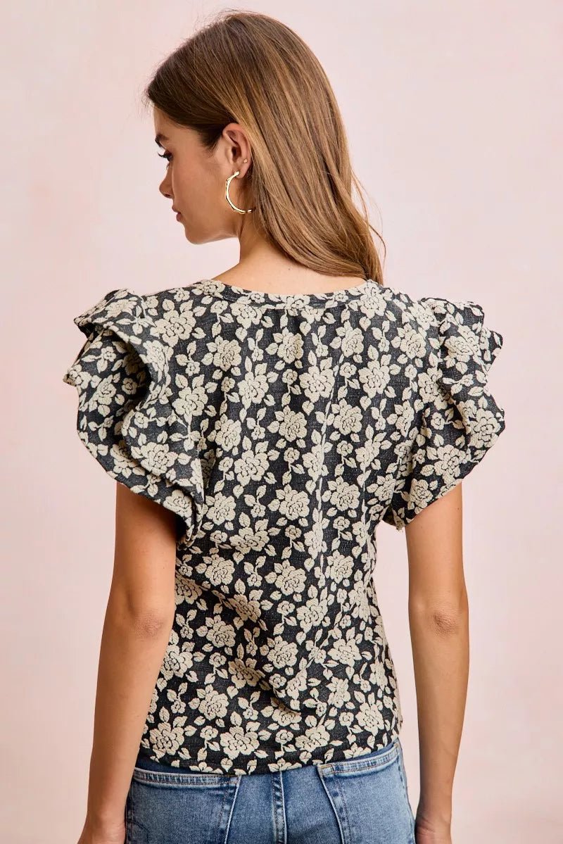 BiBi Floral Jacquard Ruffle Sleeves Knit Top - Bitsy Gypsy Boutique