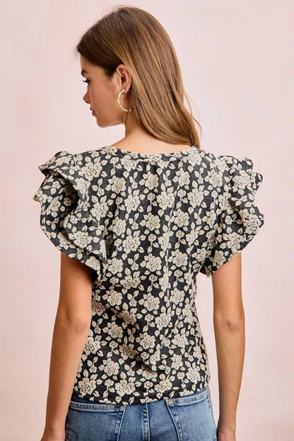 BiBi Floral Jacquard Ruffle Sleeves Knit Top - Bitsy Gypsy Boutique