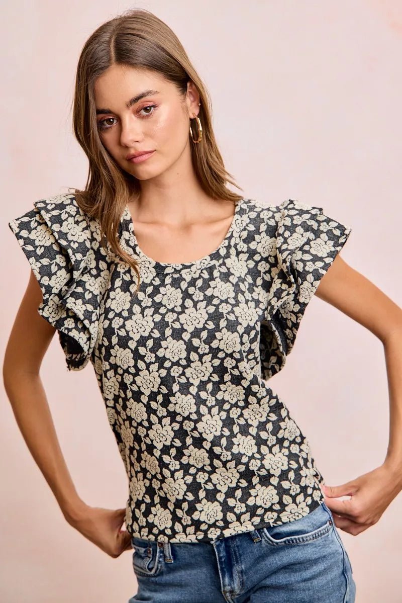BiBi Floral Jacquard Ruffle Sleeves Knit Top - Bitsy Gypsy Boutique