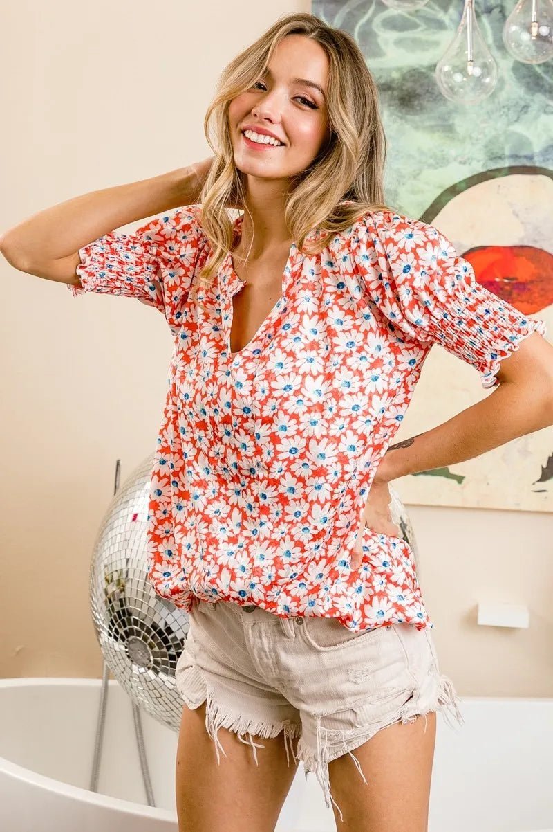 BiBi Floral Jqd Smoked Puff Sleeves V Neck Top - Bitsy Gypsy Boutique