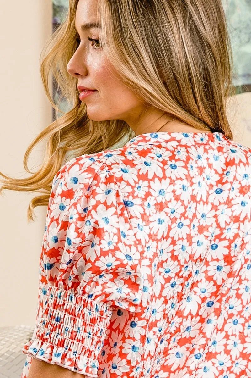 BiBi Floral Jqd Smoked Puff Sleeves V Neck Top - Bitsy Gypsy Boutique