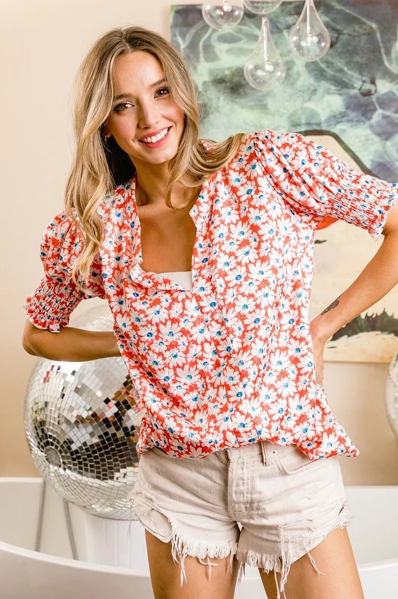 BiBi Floral Jqd Smoked Puff Sleeves V Neck Top - Bitsy Gypsy Boutique