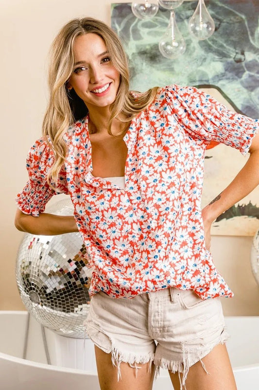 BiBi Floral Jqd Smoked Puff Sleeves V Neck Top - Bitsy Gypsy Boutique