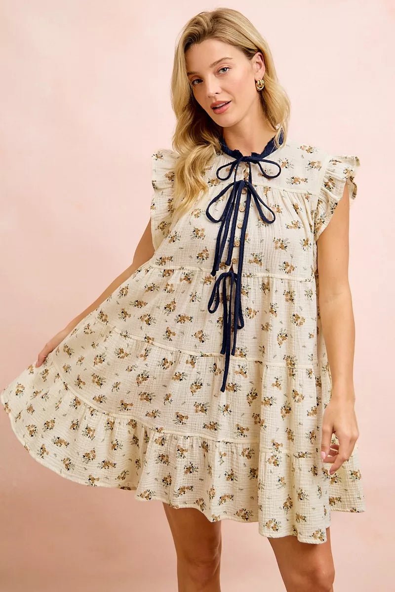BiBi Floral Multi-tierd Dress With Ruffles And Front Tie - Bitsy Gypsy Boutique