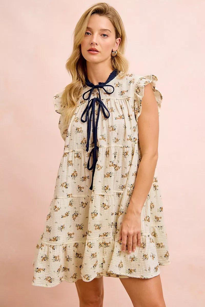BiBi Floral Multi-tierd Dress With Ruffles And Front Tie - Bitsy Gypsy Boutique