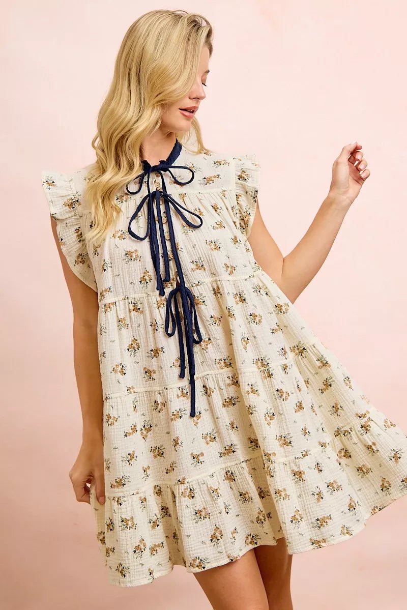 BiBi Floral Multi-tierd Dress With Ruffles And Front Tie - Bitsy Gypsy Boutique