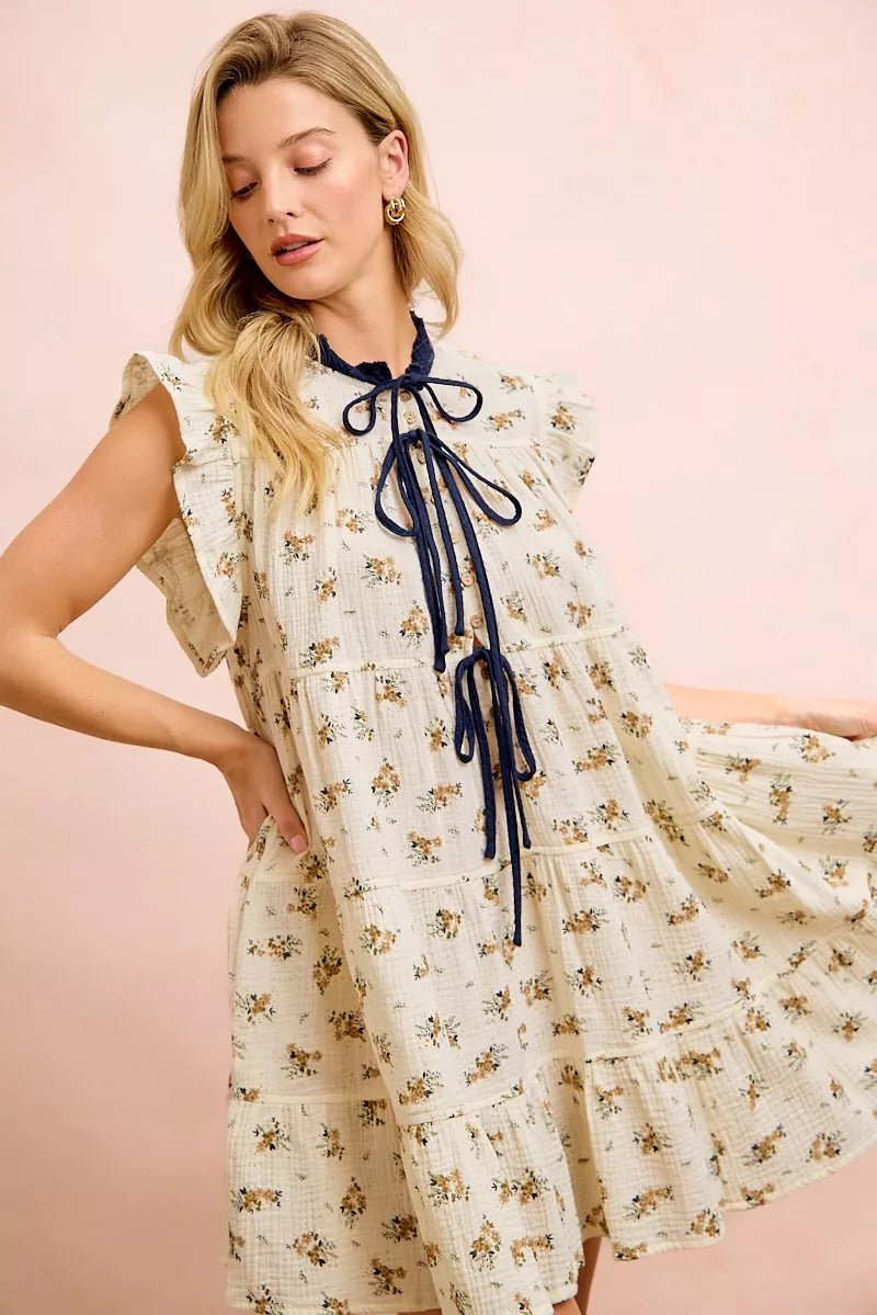 BiBi Floral Multi-tierd Dress With Ruffles And Front Tie - Bitsy Gypsy Boutique