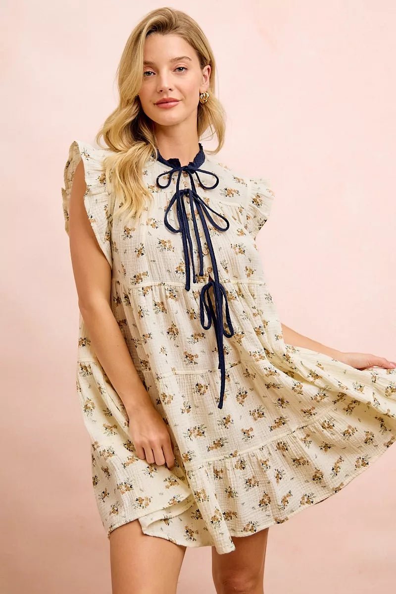BiBi Floral Multi-tierd Dress With Ruffles And Front Tie - Bitsy Gypsy Boutique
