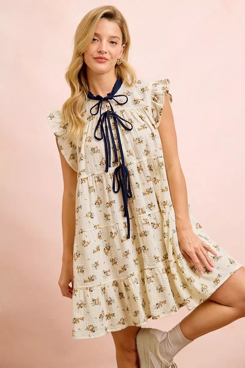 BiBi Floral Multi-tierd Dress With Ruffles And Front Tie - Bitsy Gypsy Boutique