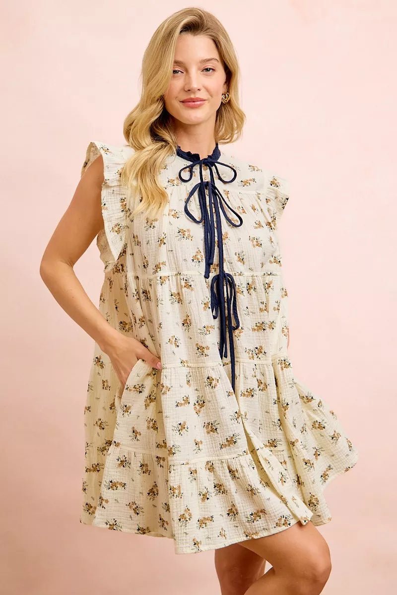 BiBi Floral Multi-tierd Dress With Ruffles And Front Tie - Bitsy Gypsy Boutique