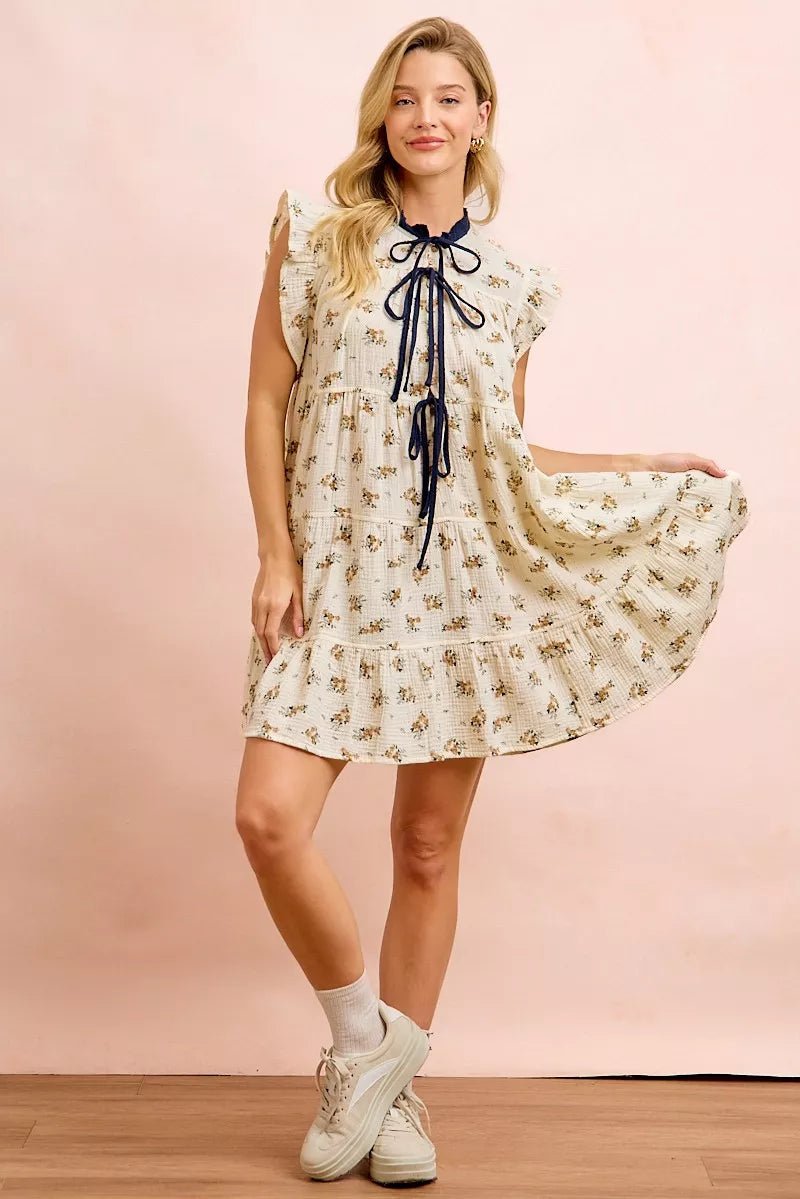 BiBi Floral Multi-tierd Dress With Ruffles And Front Tie - Bitsy Gypsy Boutique