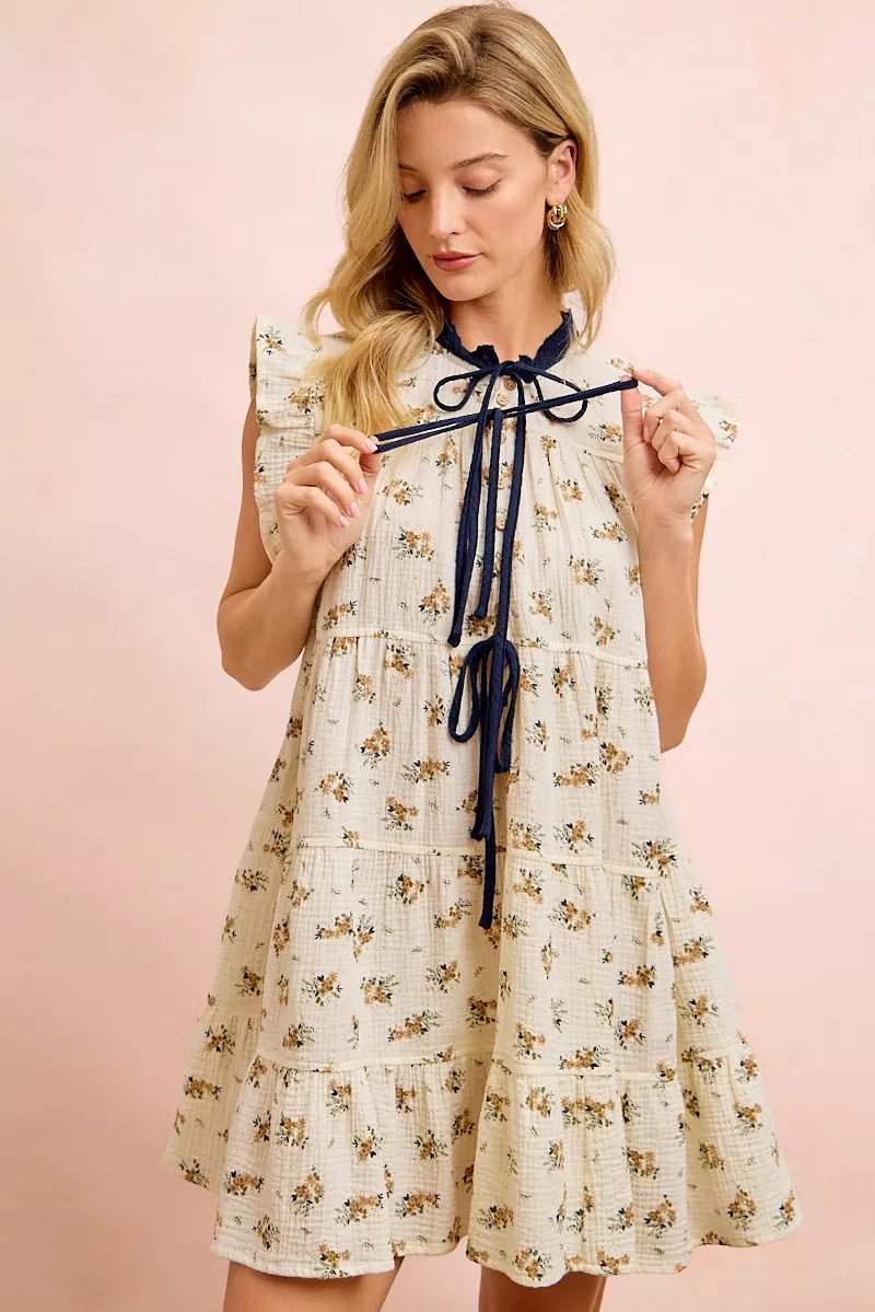 BiBi Floral Multi-tierd Dress With Ruffles And Front Tie - Bitsy Gypsy Boutique